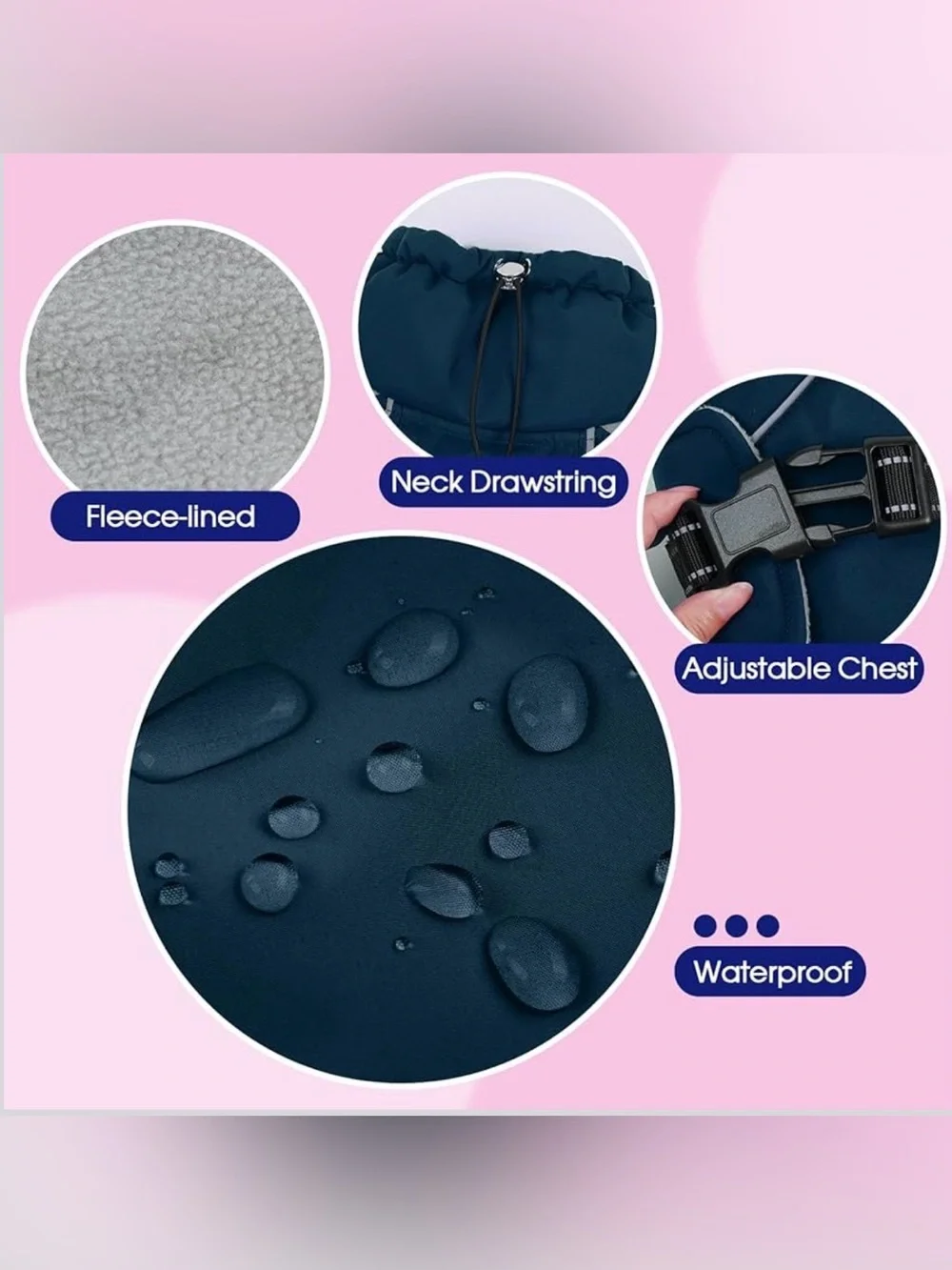 Reflective Navy Dog Waterproof Jacket with Buckle Closure